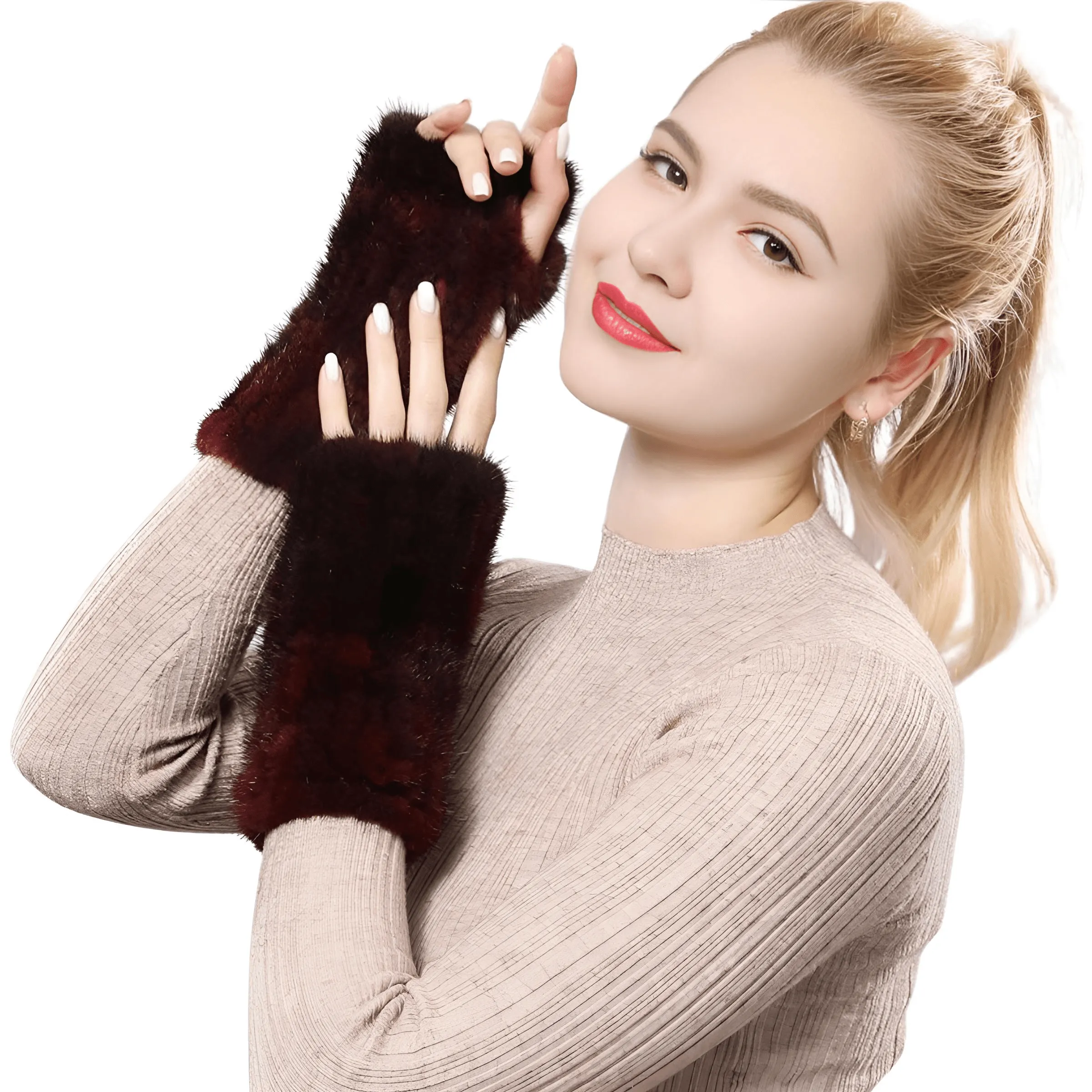 100% Real Genuine Mink Fur Fingerless Mittens For Women