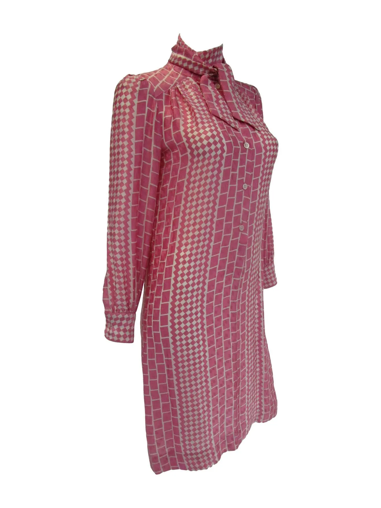 1970s Adolfo Pink and Cream Silk Spring Shift Dress