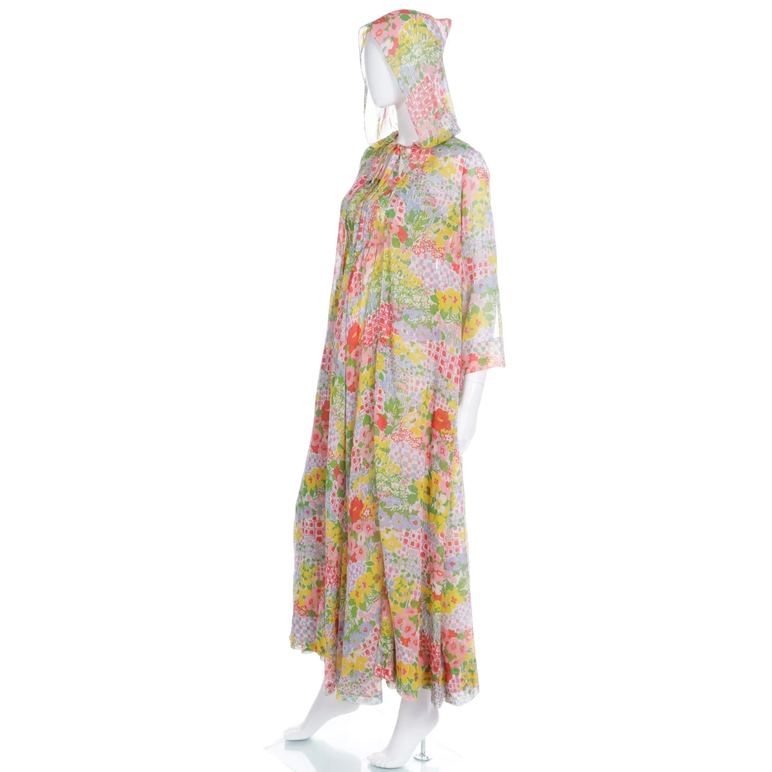 1970s Vintage Floral Voile Maxi Dress and Matching Coat With Hood