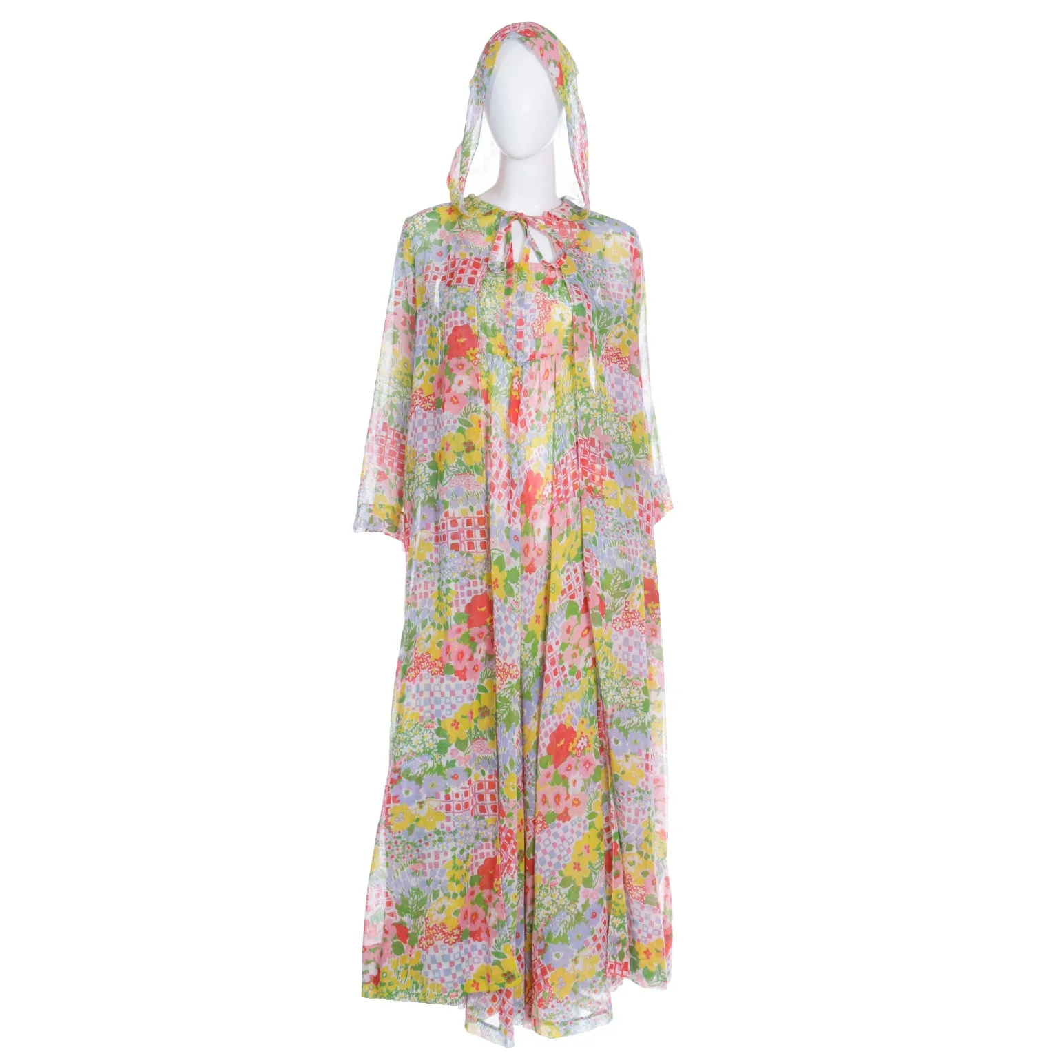 1970s Vintage Floral Voile Maxi Dress and Matching Coat With Hood