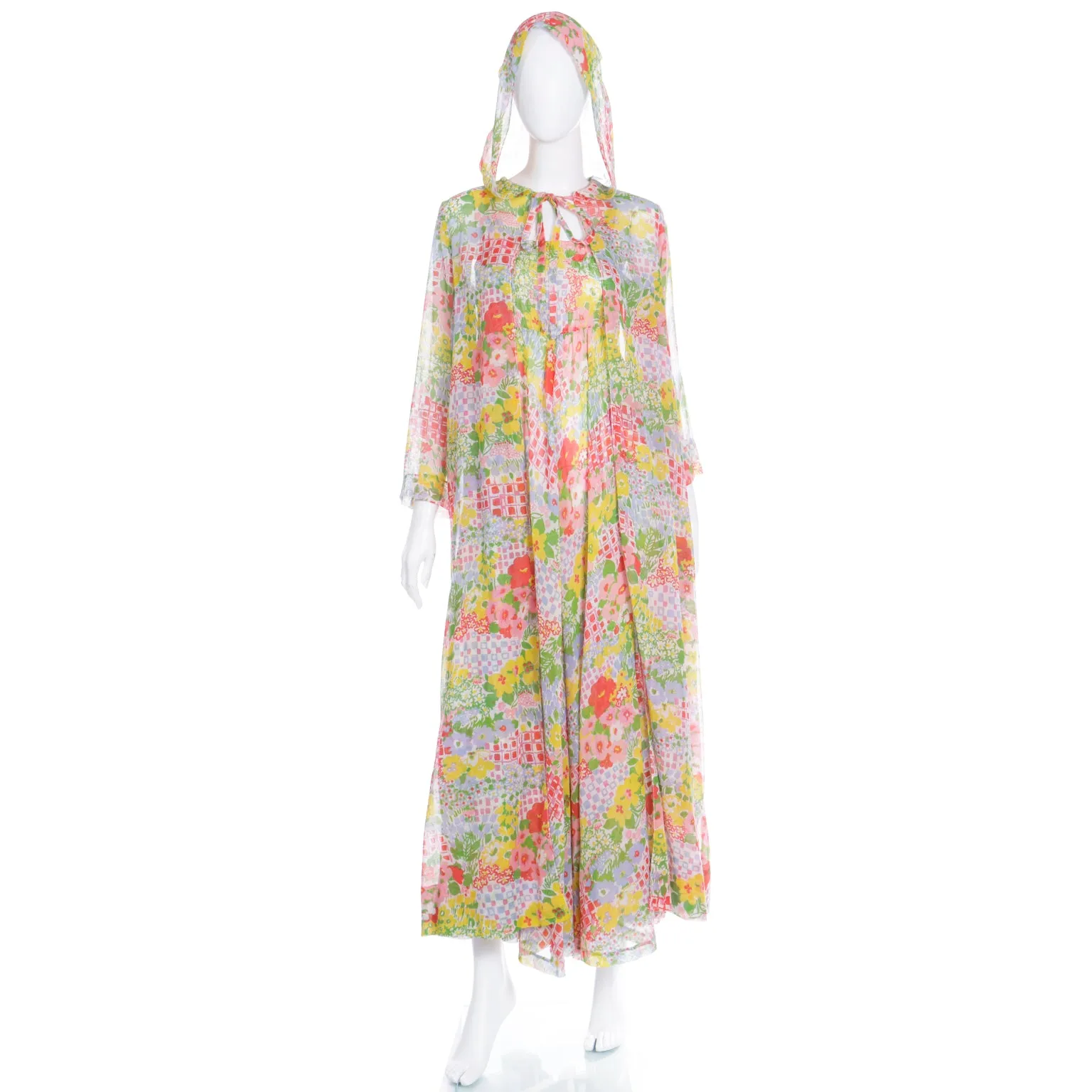 1970s Vintage Floral Voile Maxi Dress and Matching Coat With Hood