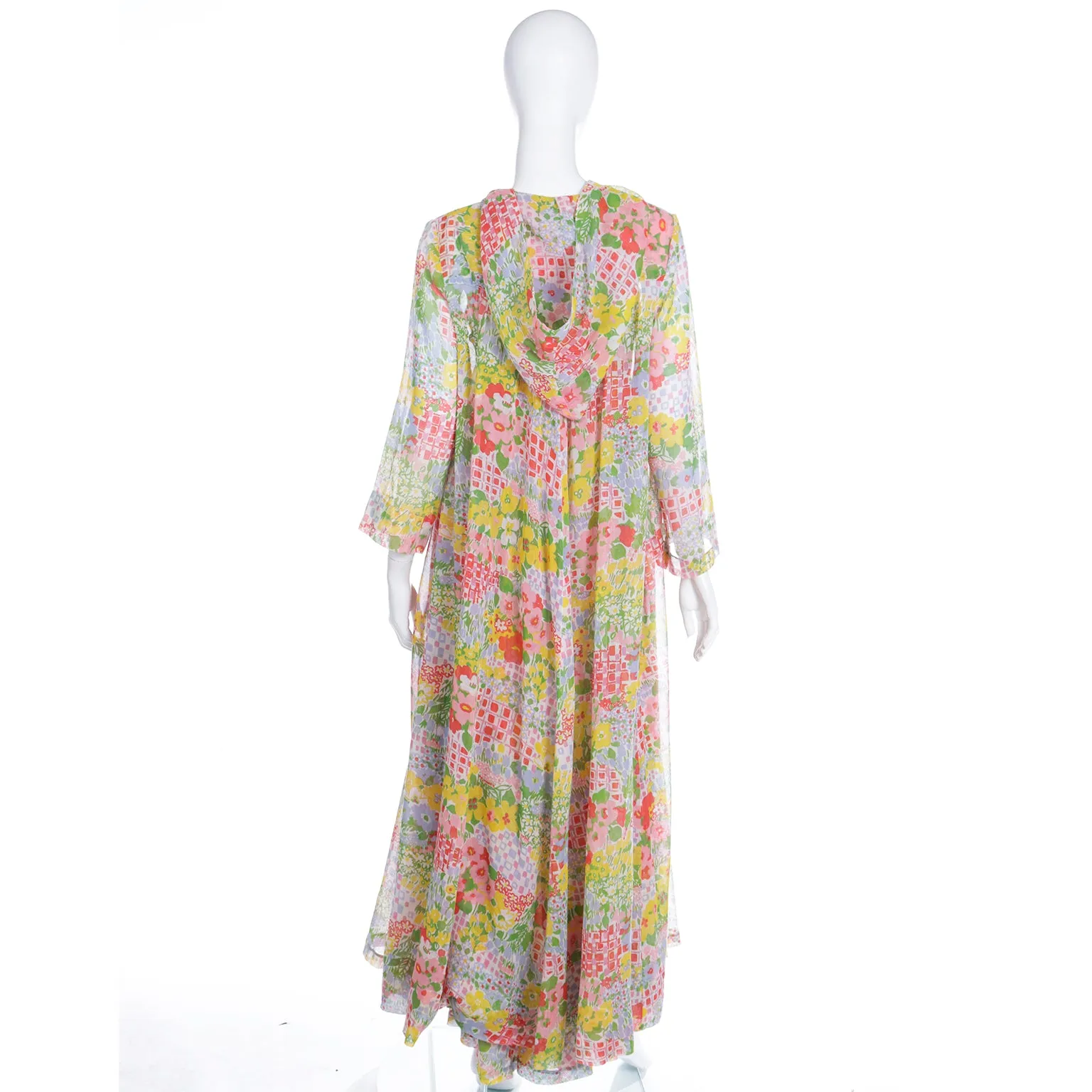 1970s Vintage Floral Voile Maxi Dress and Matching Coat With Hood