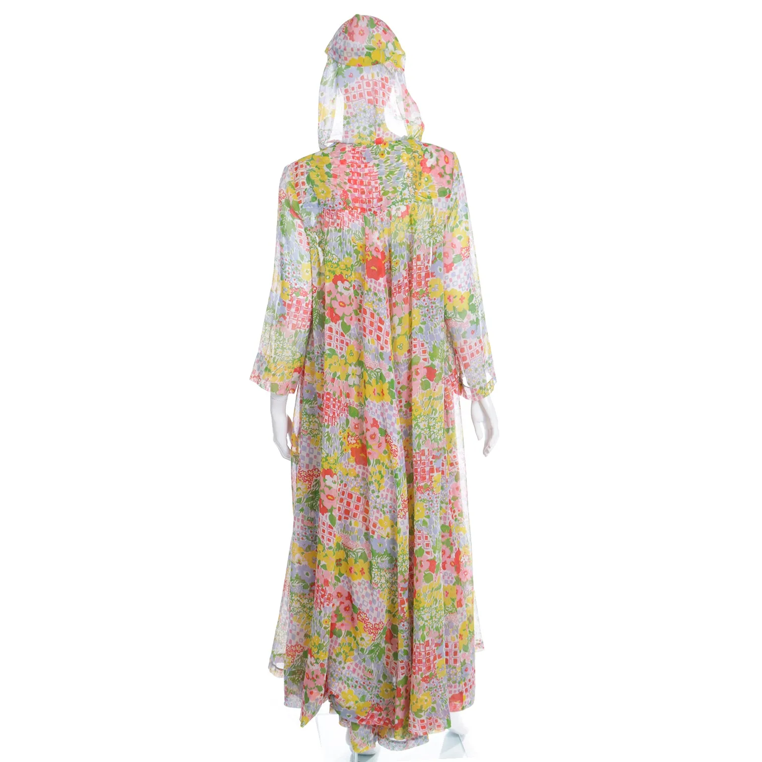 1970s Vintage Floral Voile Maxi Dress and Matching Coat With Hood