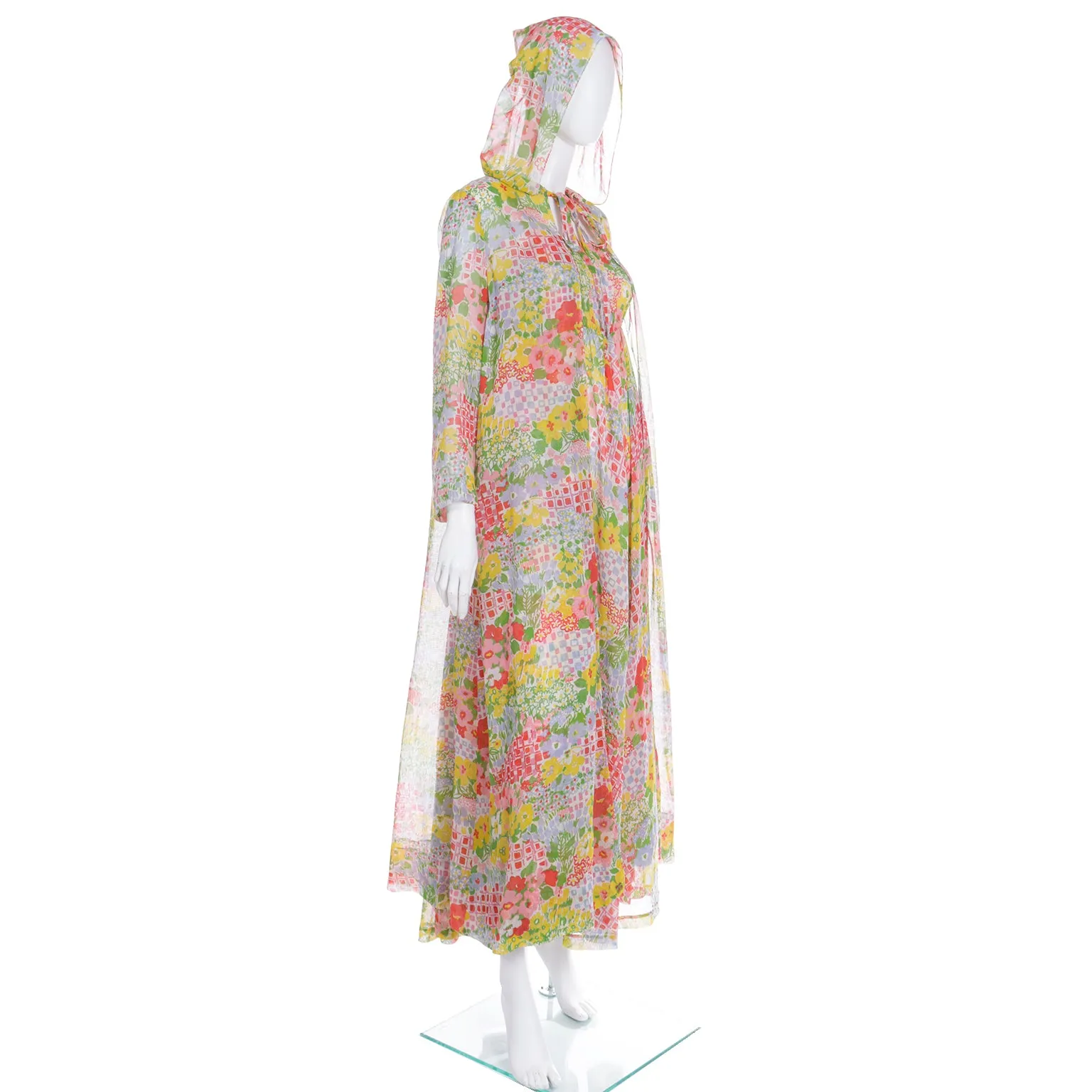 1970s Vintage Floral Voile Maxi Dress and Matching Coat With Hood