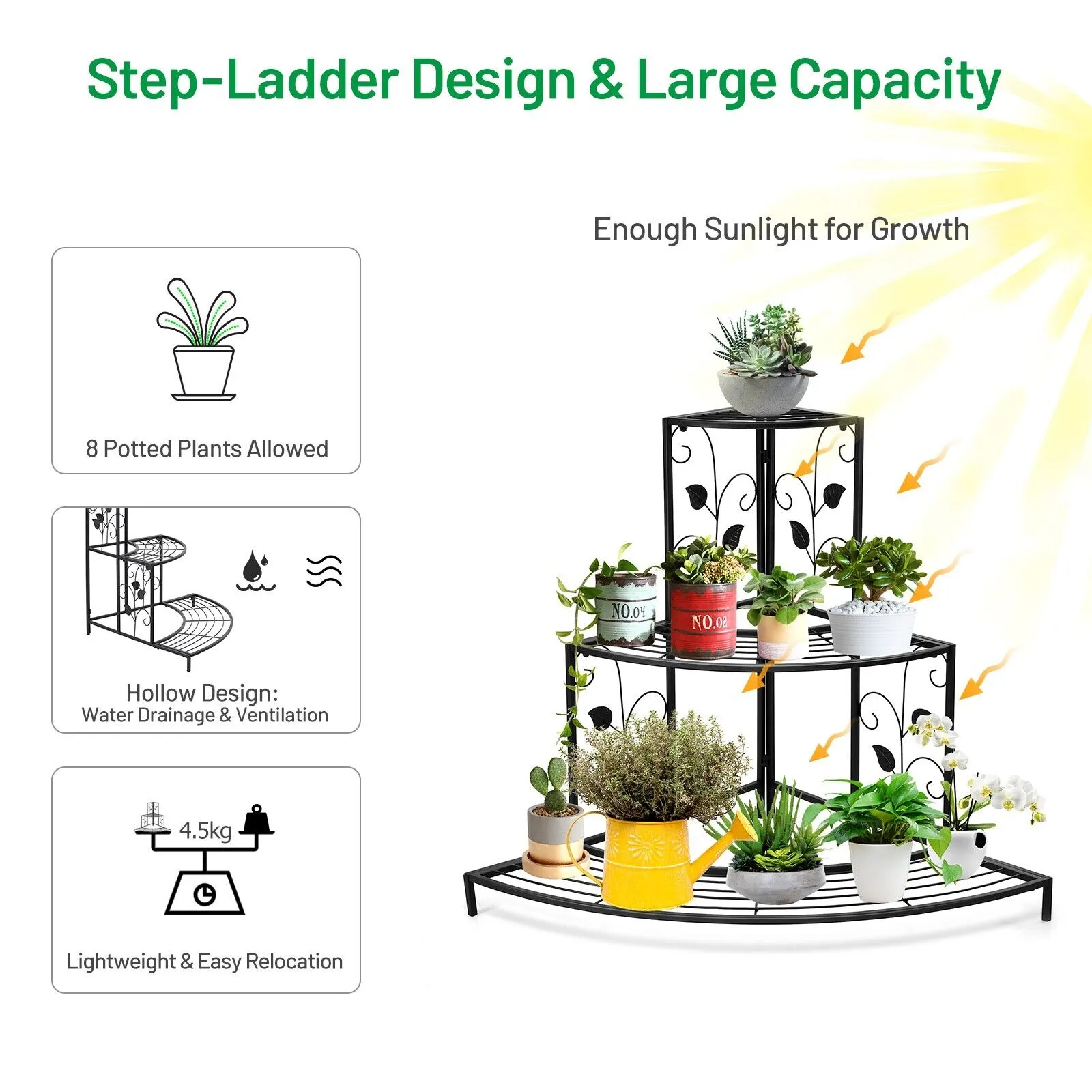 3-Tier Multifunctional Metal Plant Stand for Indoor Outdoor Use