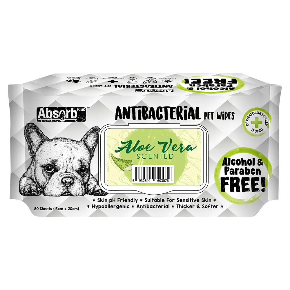 Absorb Plus AntiBacterial Pet Wipes Aloe Vera Scented 15cm x 20cm - 80sheets