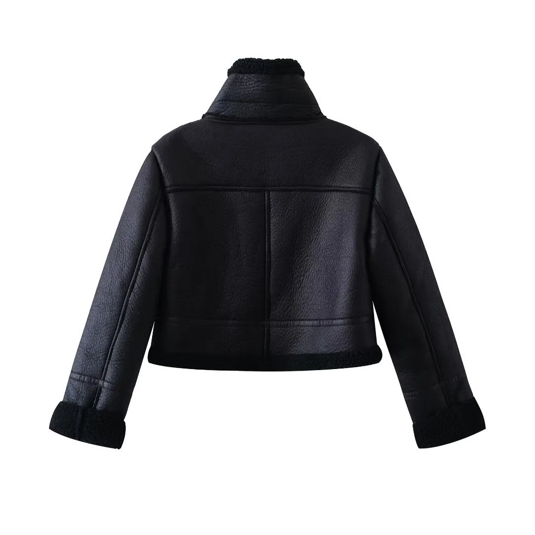 Autumn Winter Women Clothing Black All Match Stand up Collar Thermal Leather Pull Short Coat