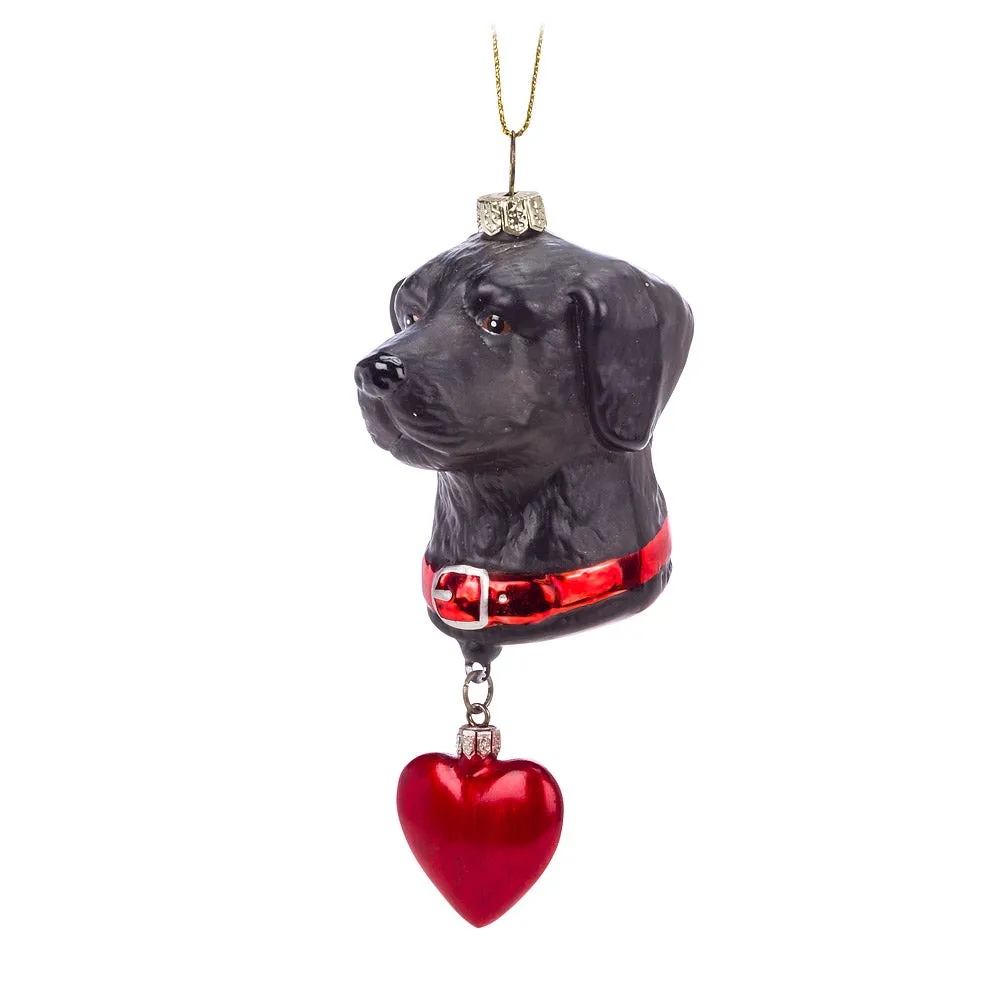 Black Lab with Heart Glass Ornament