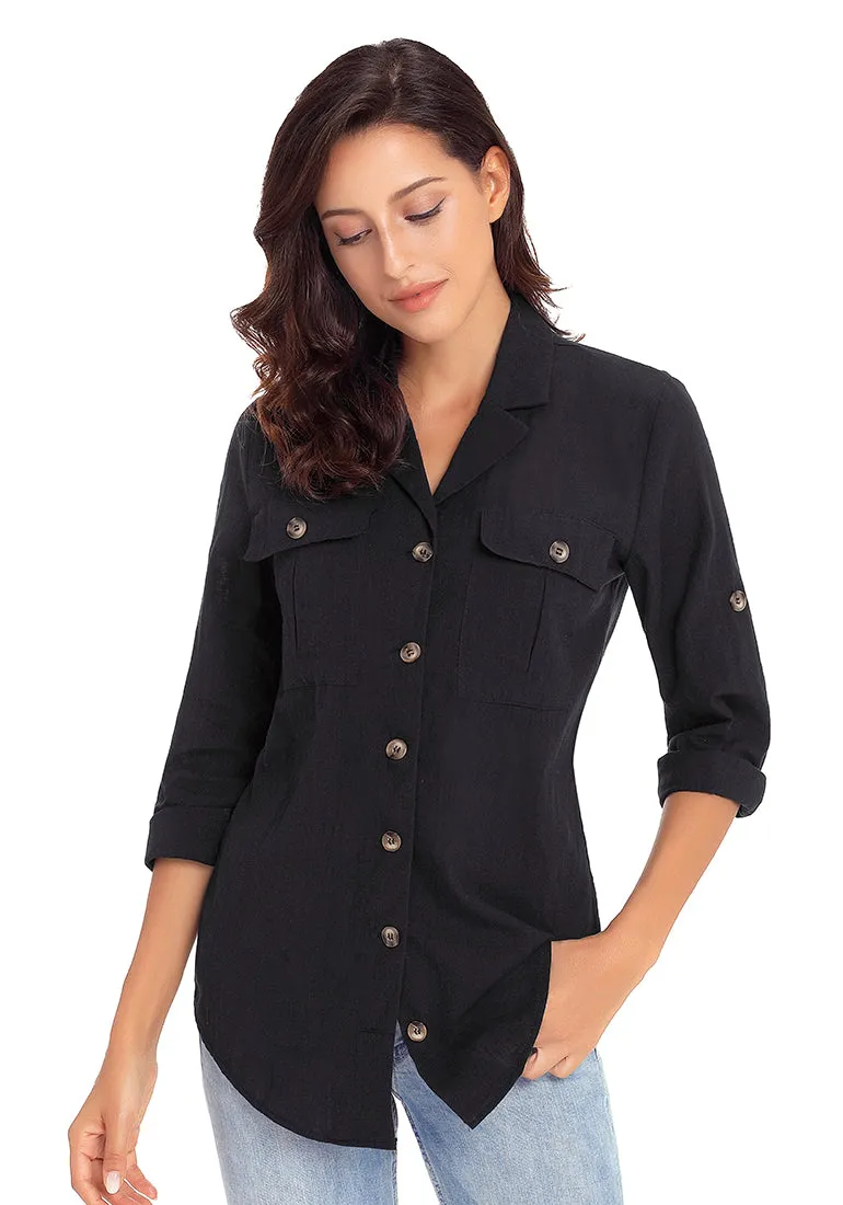 Black Long Cuffed Sleeves Lapel Button-Up Blouse