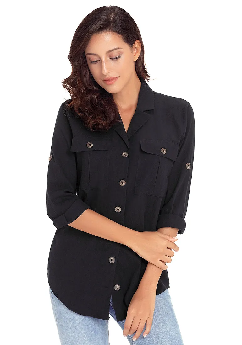 Black Long Cuffed Sleeves Lapel Button-Up Blouse