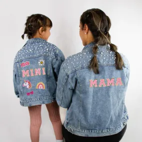 (Blue Pearl) Mama and Mini Pink Patch Pearl Denim Jacket