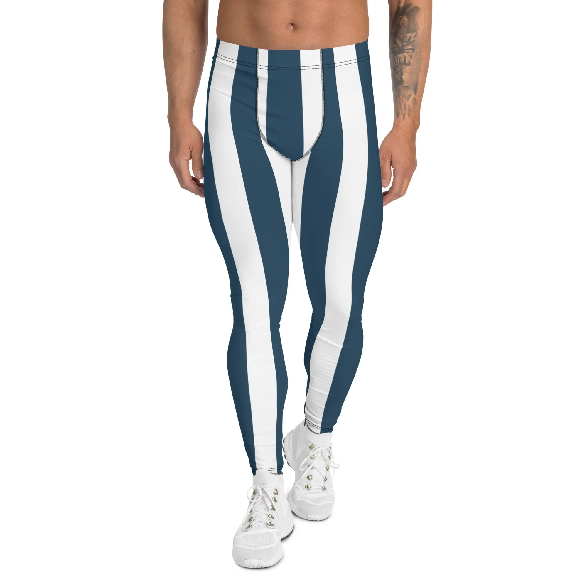 Blue White Stripes Men's Leggings, Colorful Patterned Designer Best Men's Leggings - Made in USA/EU/MX