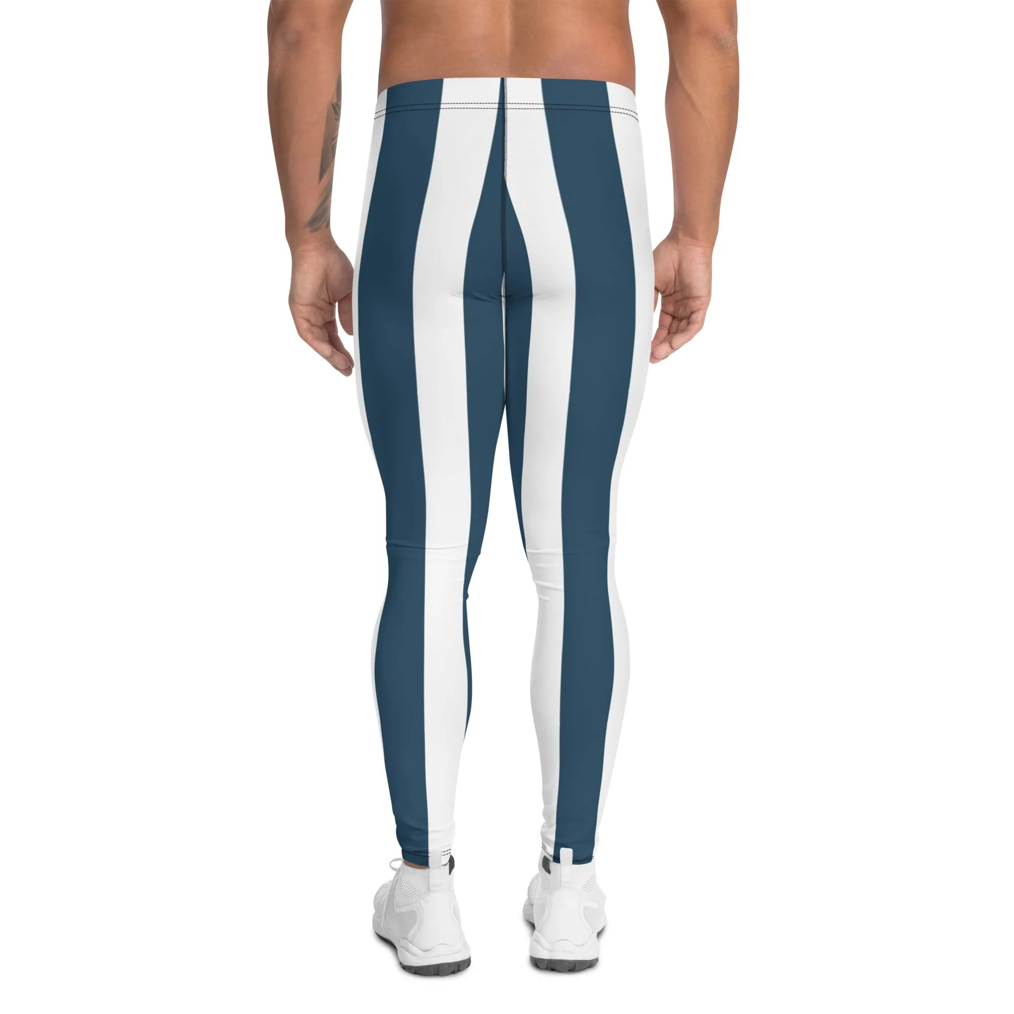 Blue White Stripes Men's Leggings, Colorful Patterned Designer Best Men's Leggings - Made in USA/EU/MX