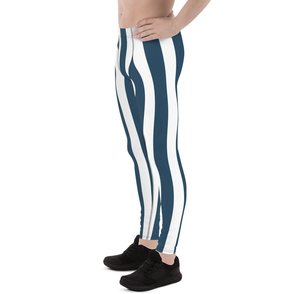 Blue White Stripes Men's Leggings, Colorful Patterned Designer Best Men's Leggings - Made in USA/EU/MX