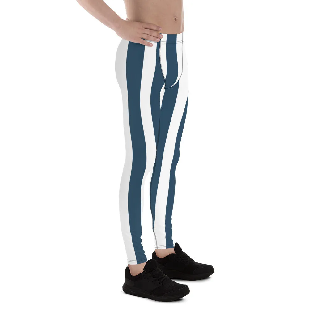 Blue White Stripes Men's Leggings, Colorful Patterned Designer Best Men's Leggings - Made in USA/EU/MX