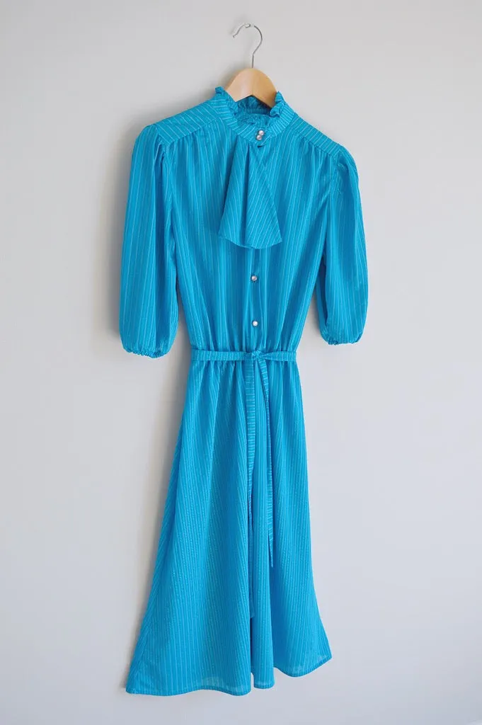 Bright Blue Ruffle Collared Dress with Faux Scarf | XS