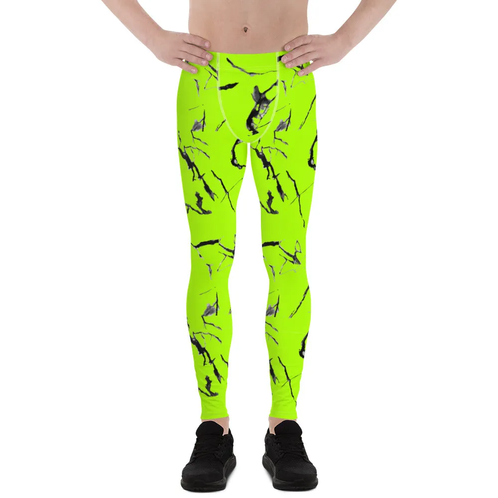 Bright Neon Green Men's Leggings, Marble Print Meggings Compression Tights-Made in USA/EU