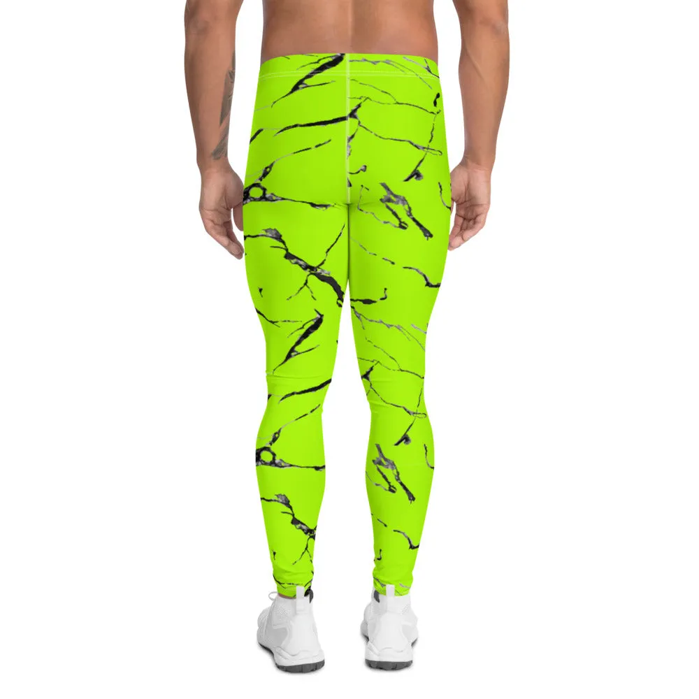 Bright Neon Green Men's Leggings, Marble Print Meggings Compression Tights-Made in USA/EU