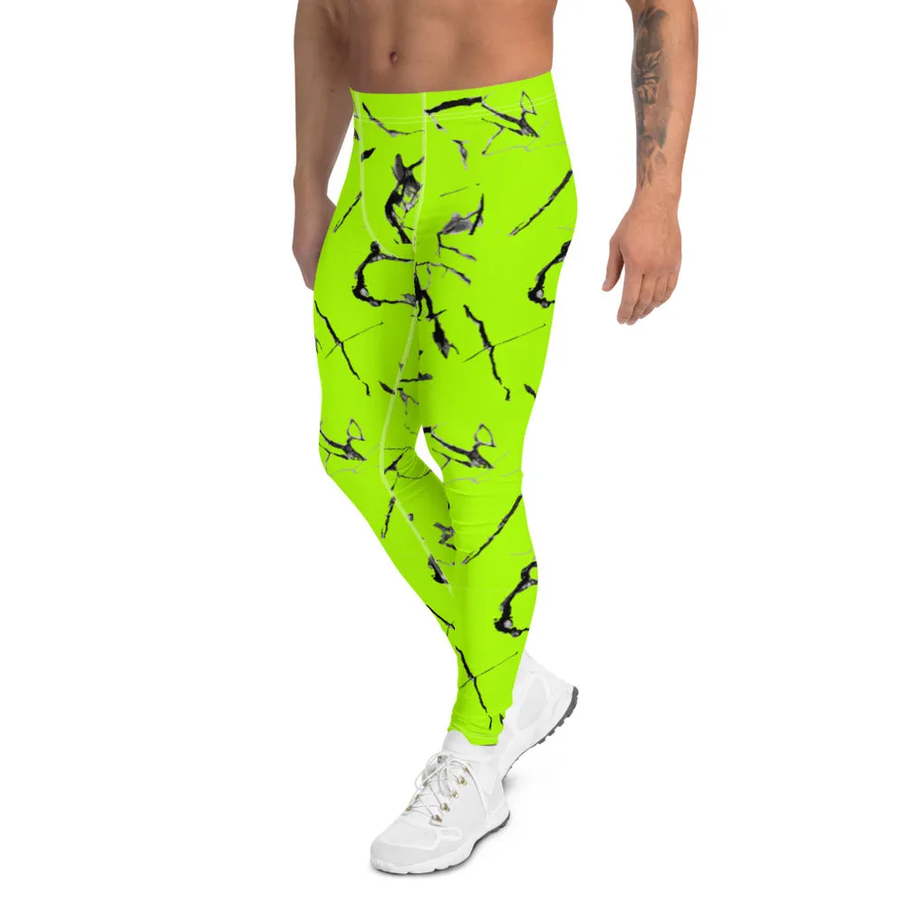 Bright Neon Green Men's Leggings, Marble Print Meggings Compression Tights-Made in USA/EU