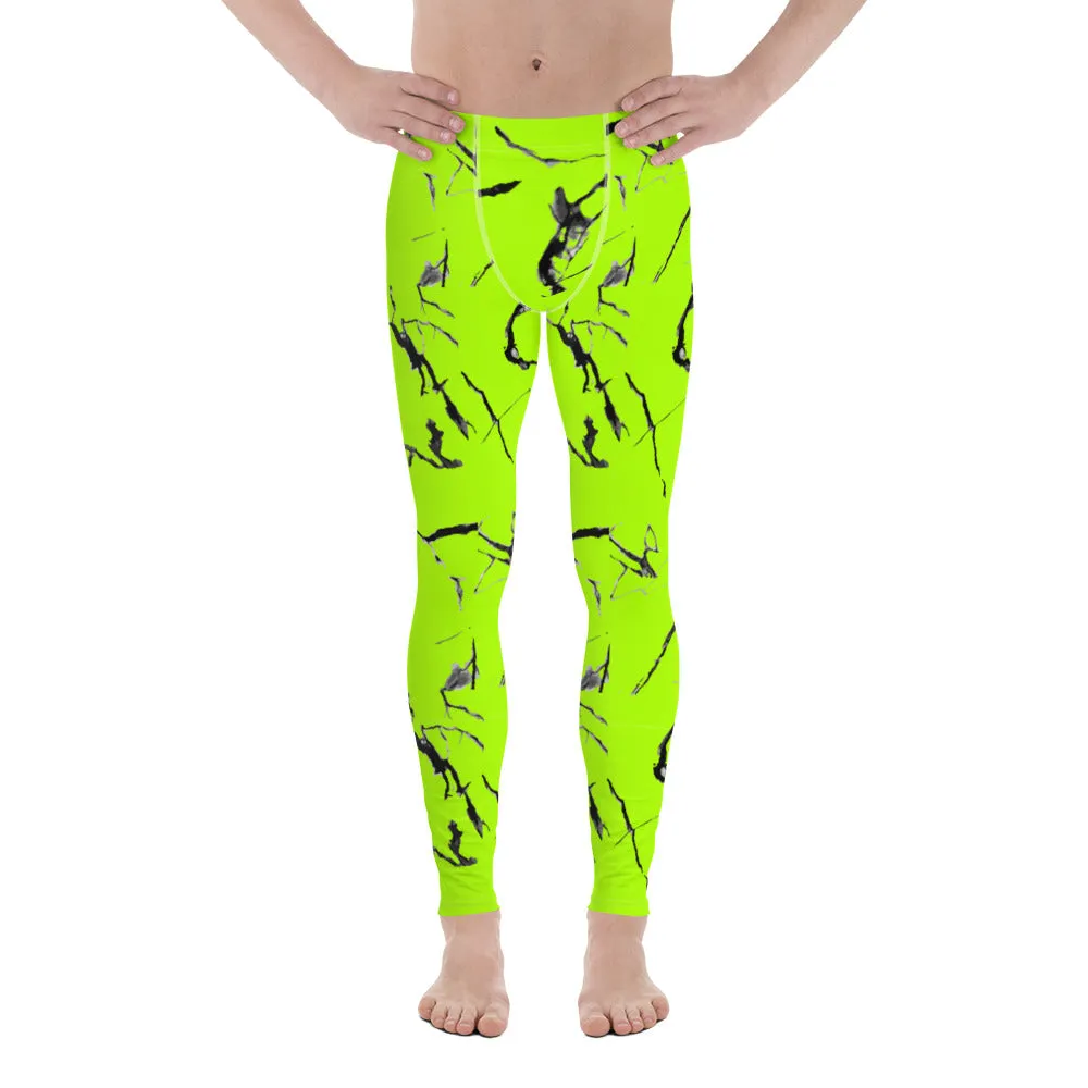 Bright Neon Green Men's Leggings, Marble Print Meggings Compression Tights-Made in USA/EU