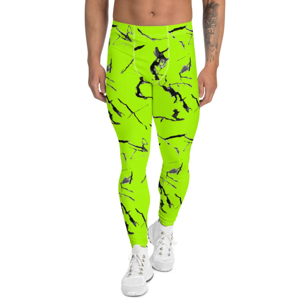 Bright Neon Green Men's Leggings, Marble Print Meggings Compression Tights-Made in USA/EU