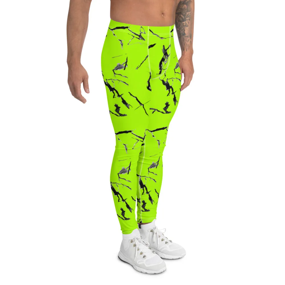 Bright Neon Green Men's Leggings, Marble Print Meggings Compression Tights-Made in USA/EU