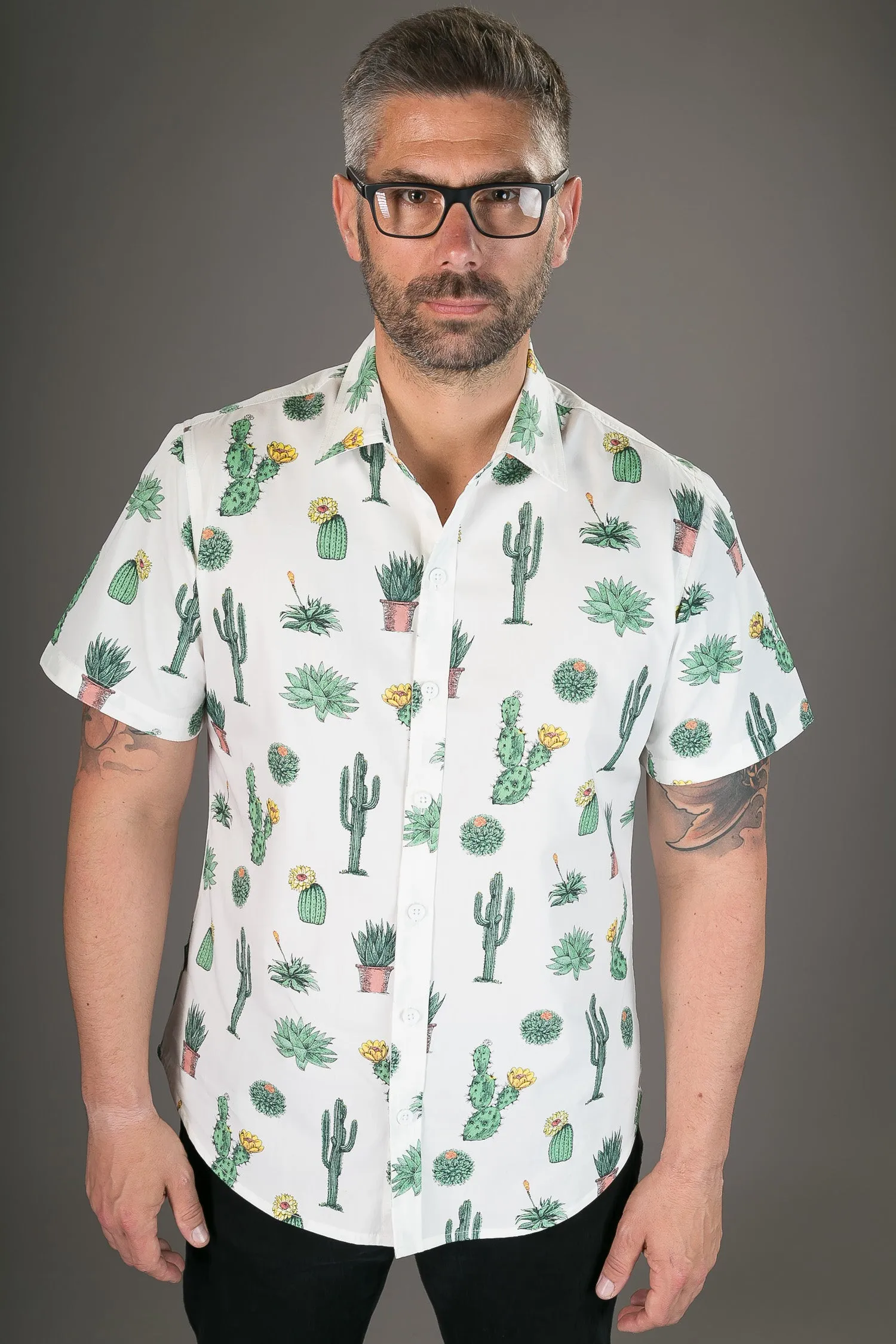 Cactus Plant White Print Cotton Slim Fit Mens Shirt Short Sleeve