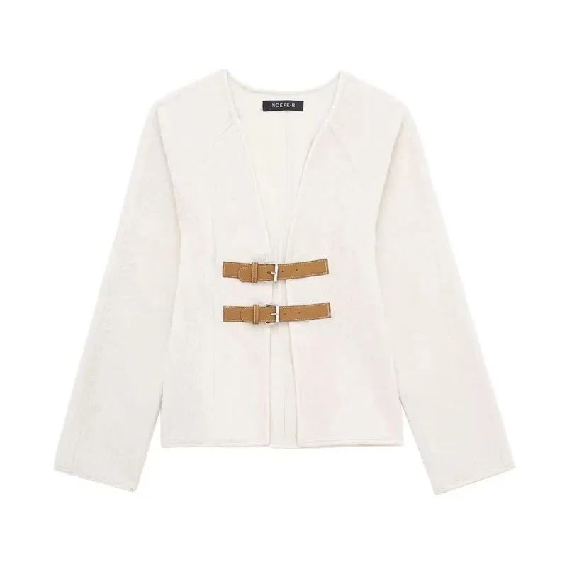 Chic V-neck double belted cardigan wool jacket