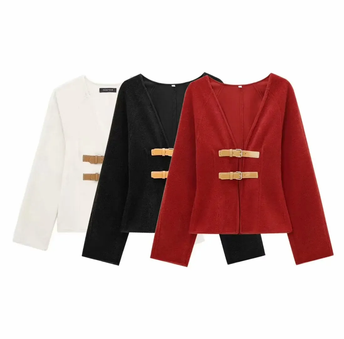 Chic V-neck double belted cardigan wool jacket