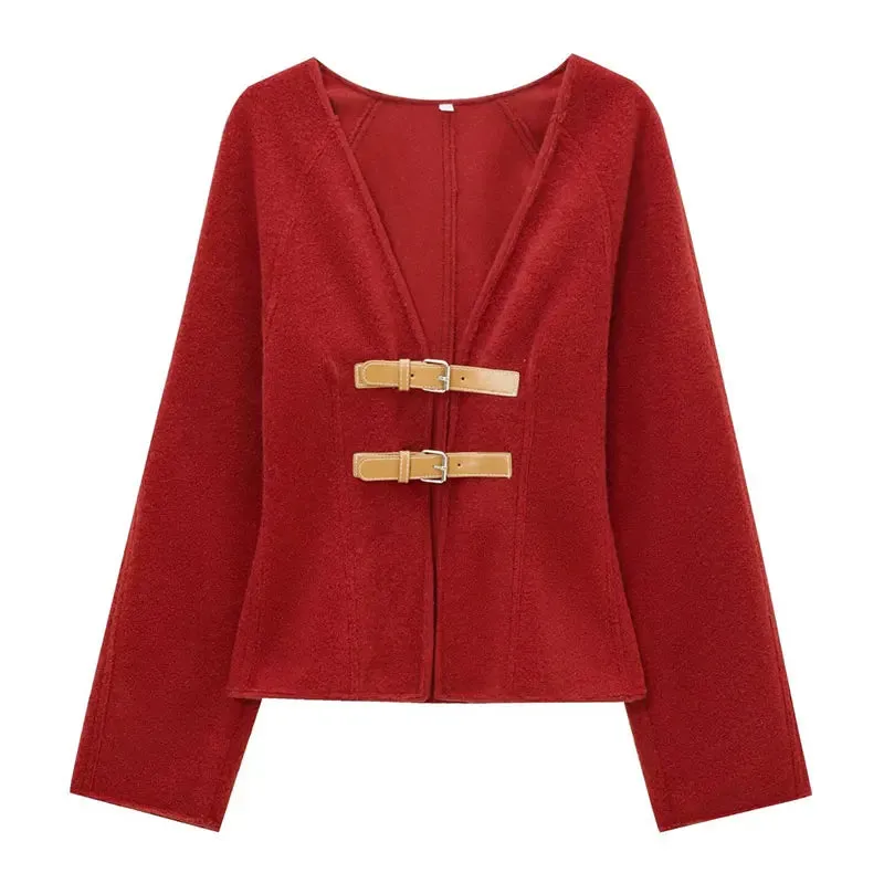 Chic V-neck double belted cardigan wool jacket