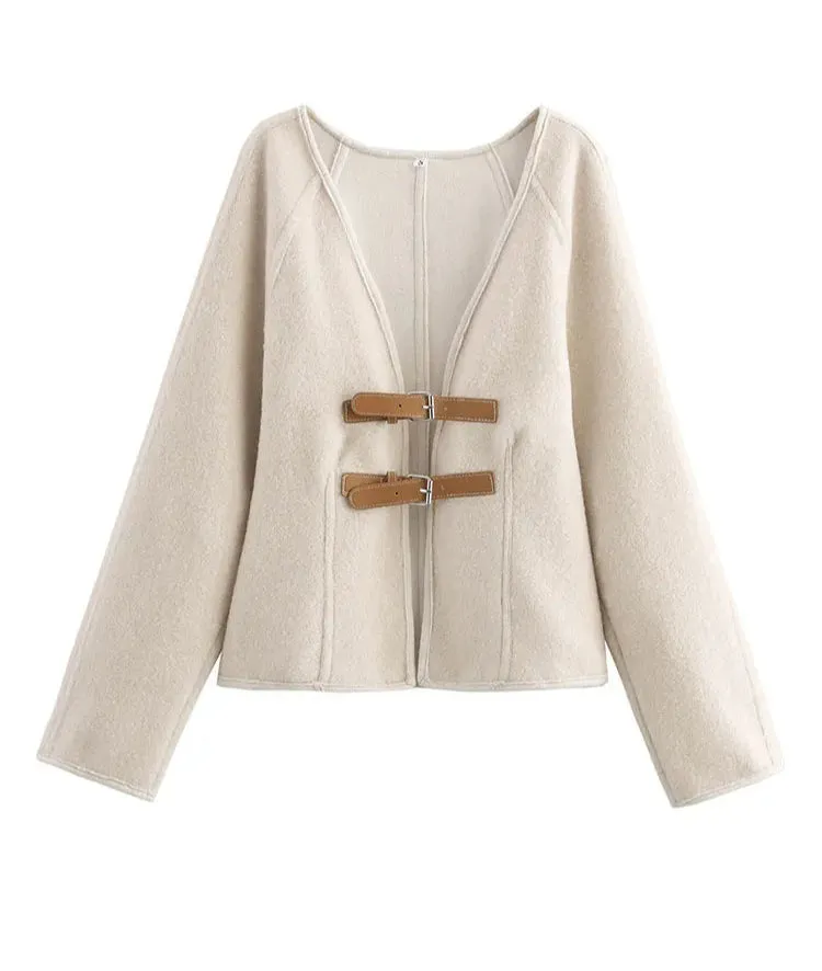 Chic V-neck double belted cardigan wool jacket