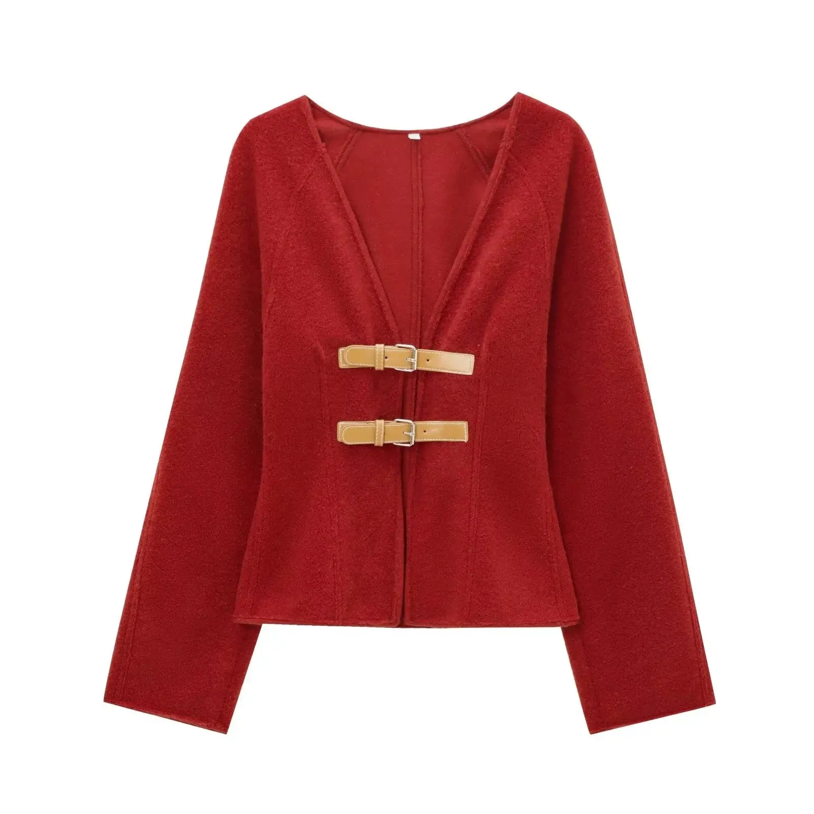 Chic V-neck double belted cardigan wool jacket