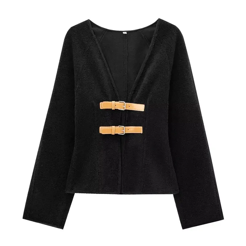 Chic V-neck double belted cardigan wool jacket