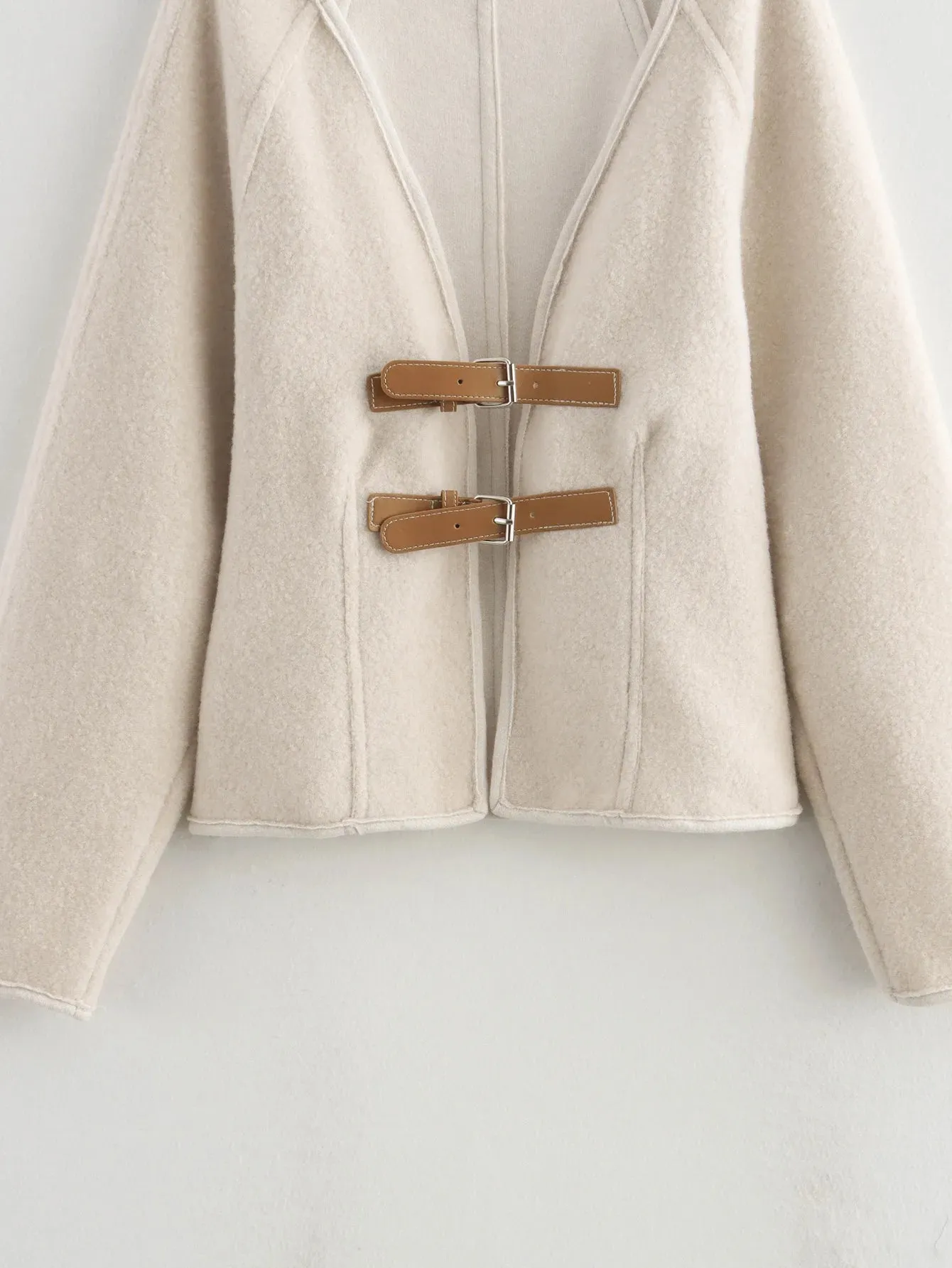 Chic V-neck double belted cardigan wool jacket