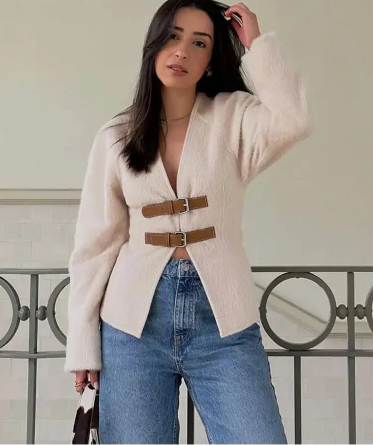 Chic V-neck double belted cardigan wool jacket