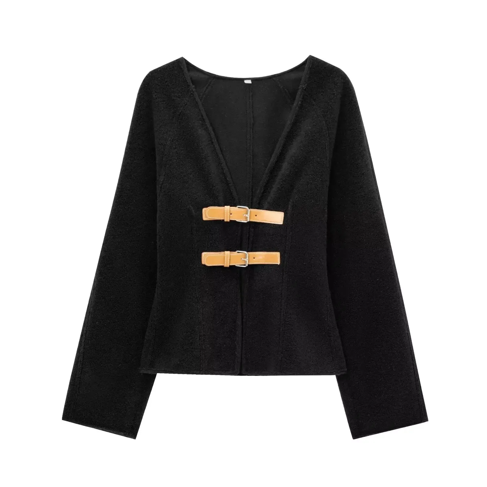 Chic V-neck double belted cardigan wool jacket