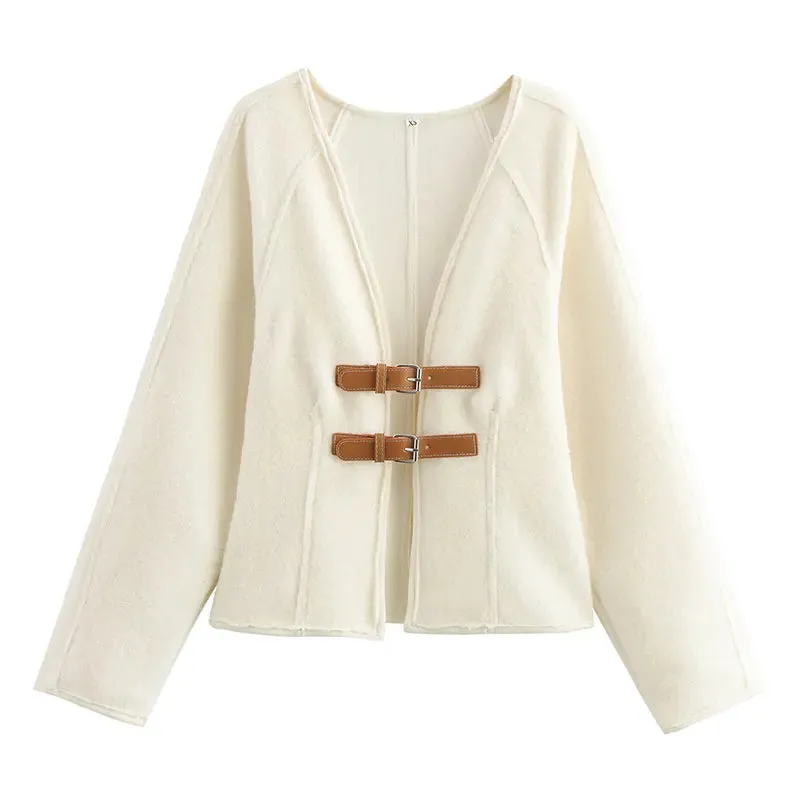 Chic V-neck double belted cardigan wool jacket