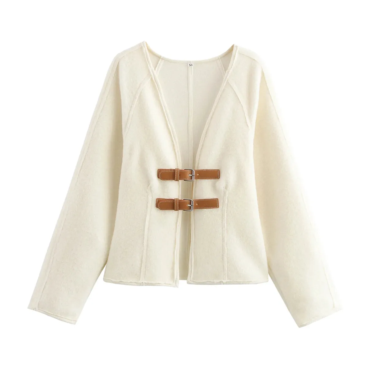 Chic V-neck double belted cardigan wool jacket