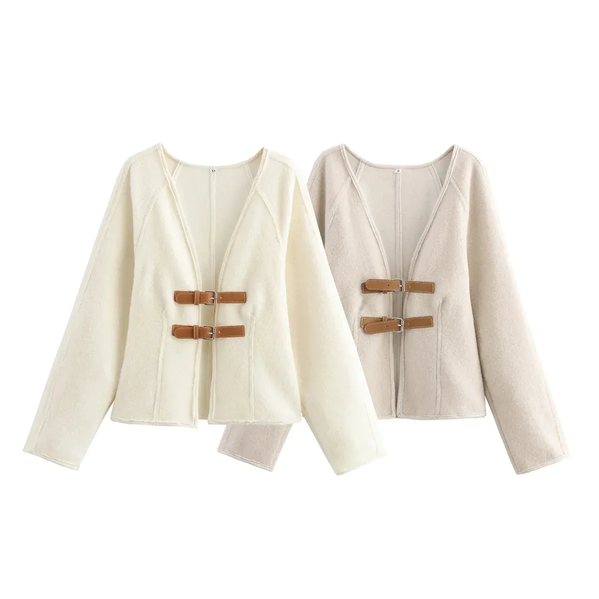 Chic V-neck double belted cardigan wool jacket