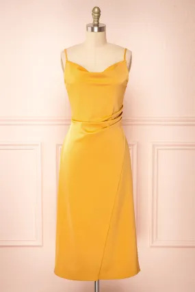 Chloe Yellow | Cowl Neck Satin Midi Slip Dress