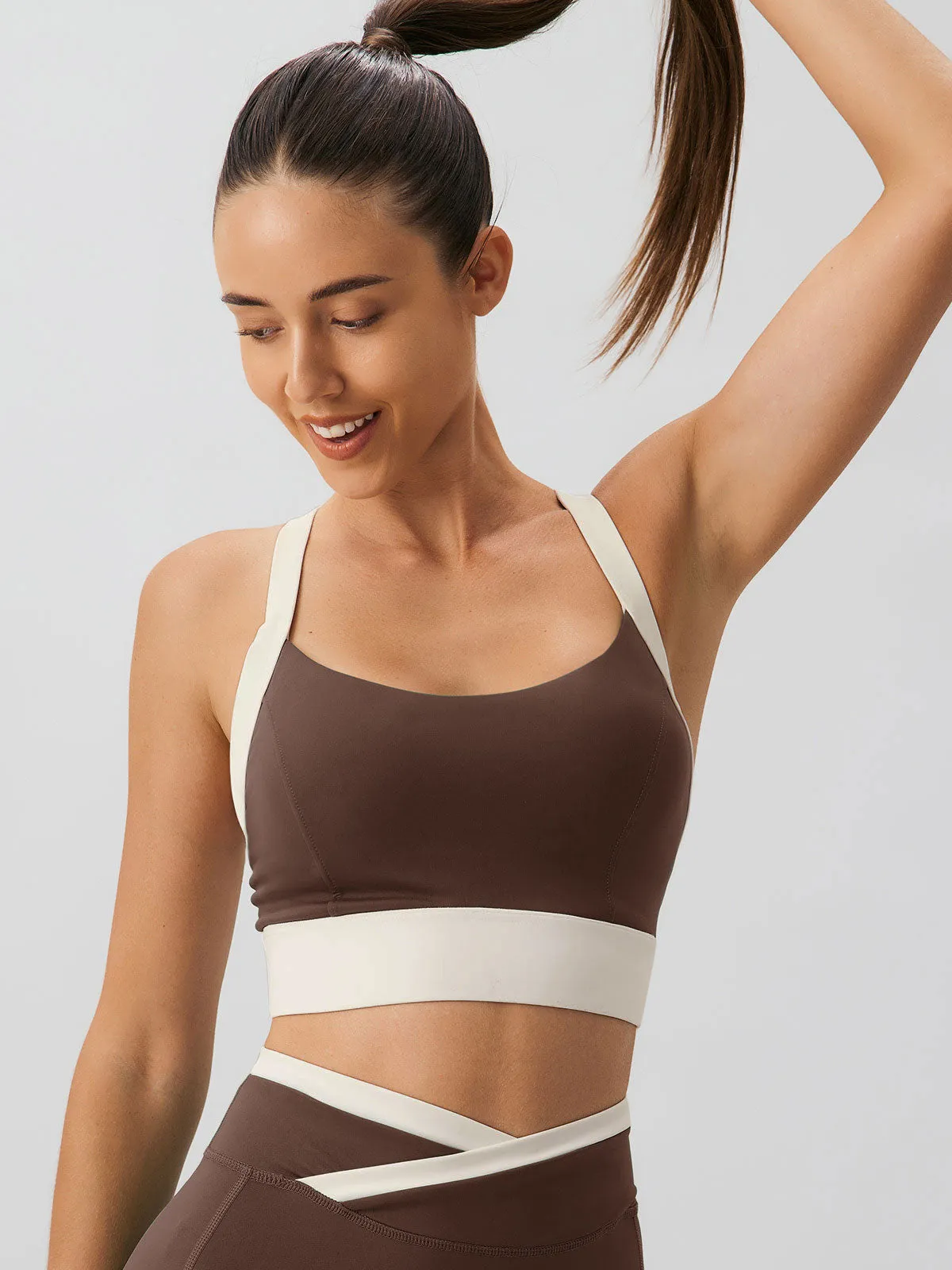 Coffee Contrast U Neck Sports Bra - High Support