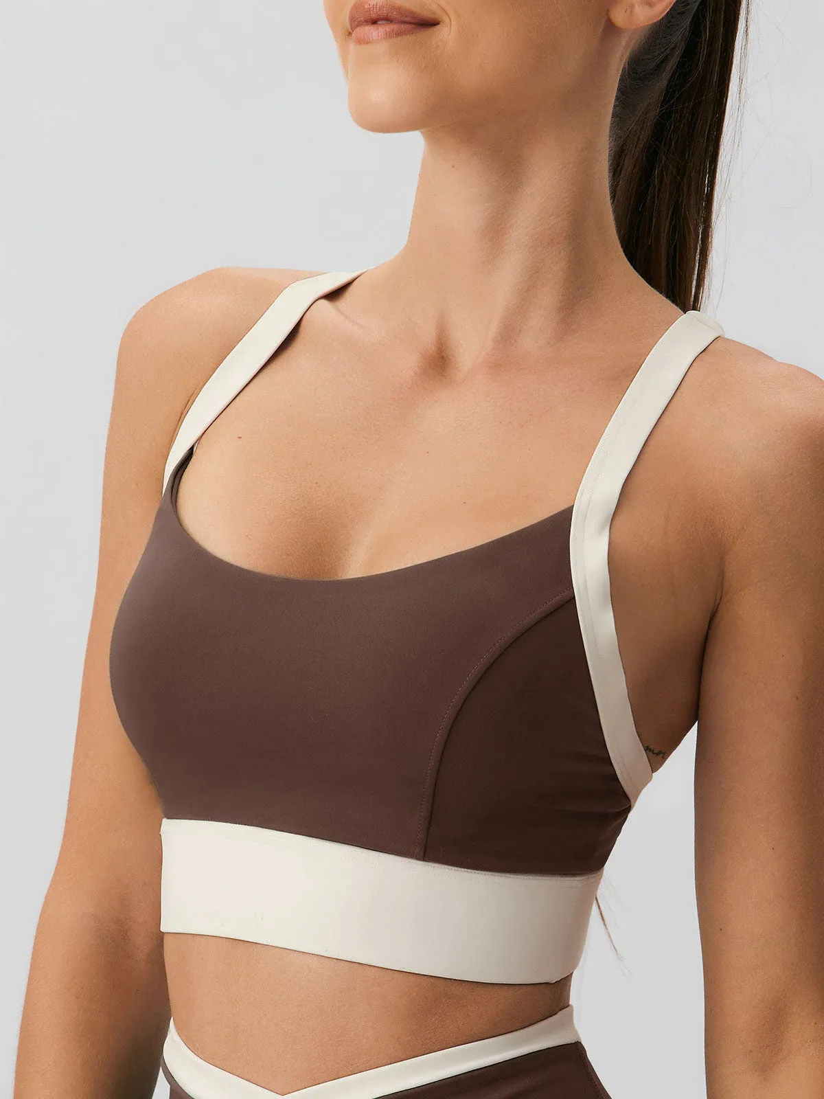 Coffee Contrast U Neck Sports Bra - High Support