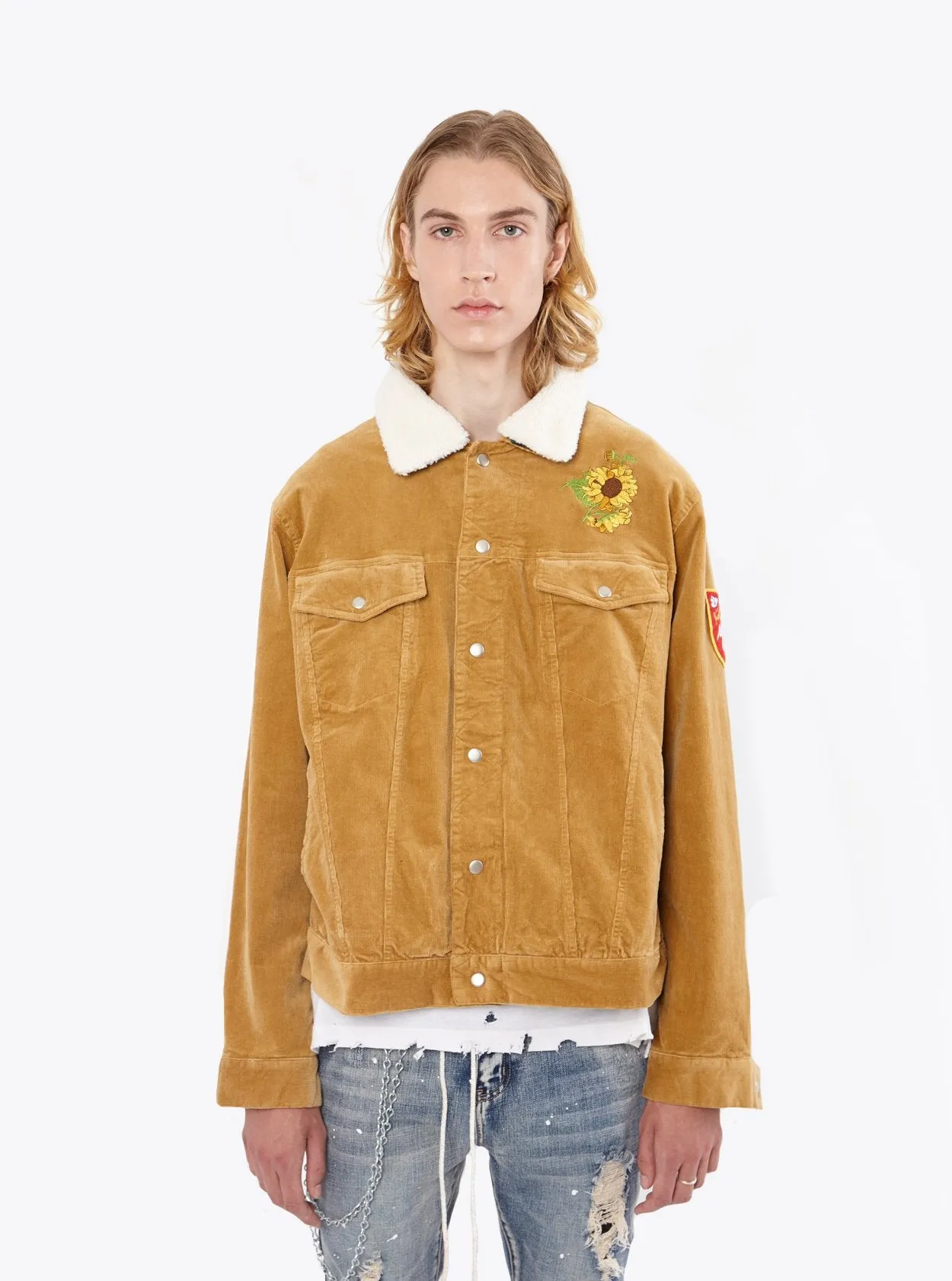 Corduroy Printed Flower Jacket in Camel