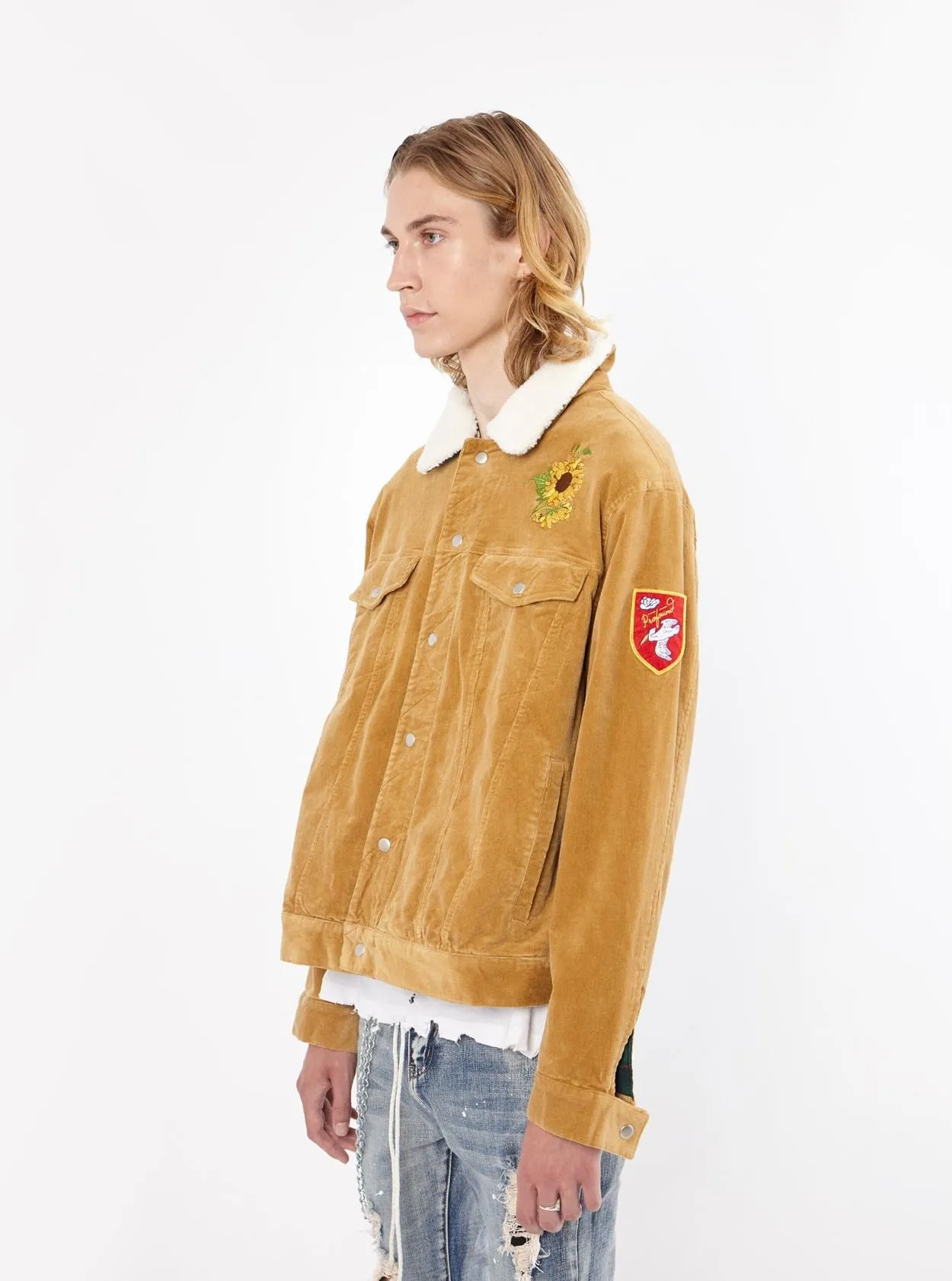 Corduroy Printed Flower Jacket in Camel