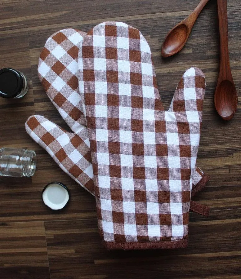 Cotton Gingham Check Brown Oven Gloves Pack Of 2