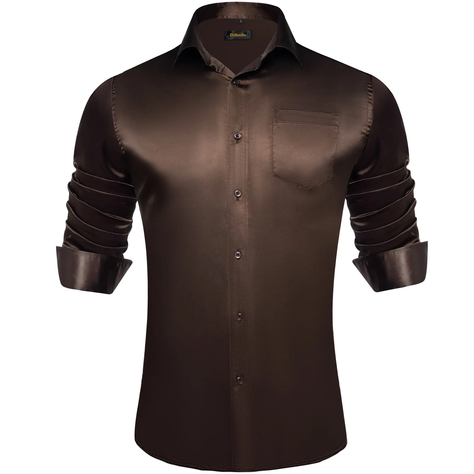 DiBanGu Long Sleeve Shirt Pecan Brown Solid Satin Mens Dress Shirt