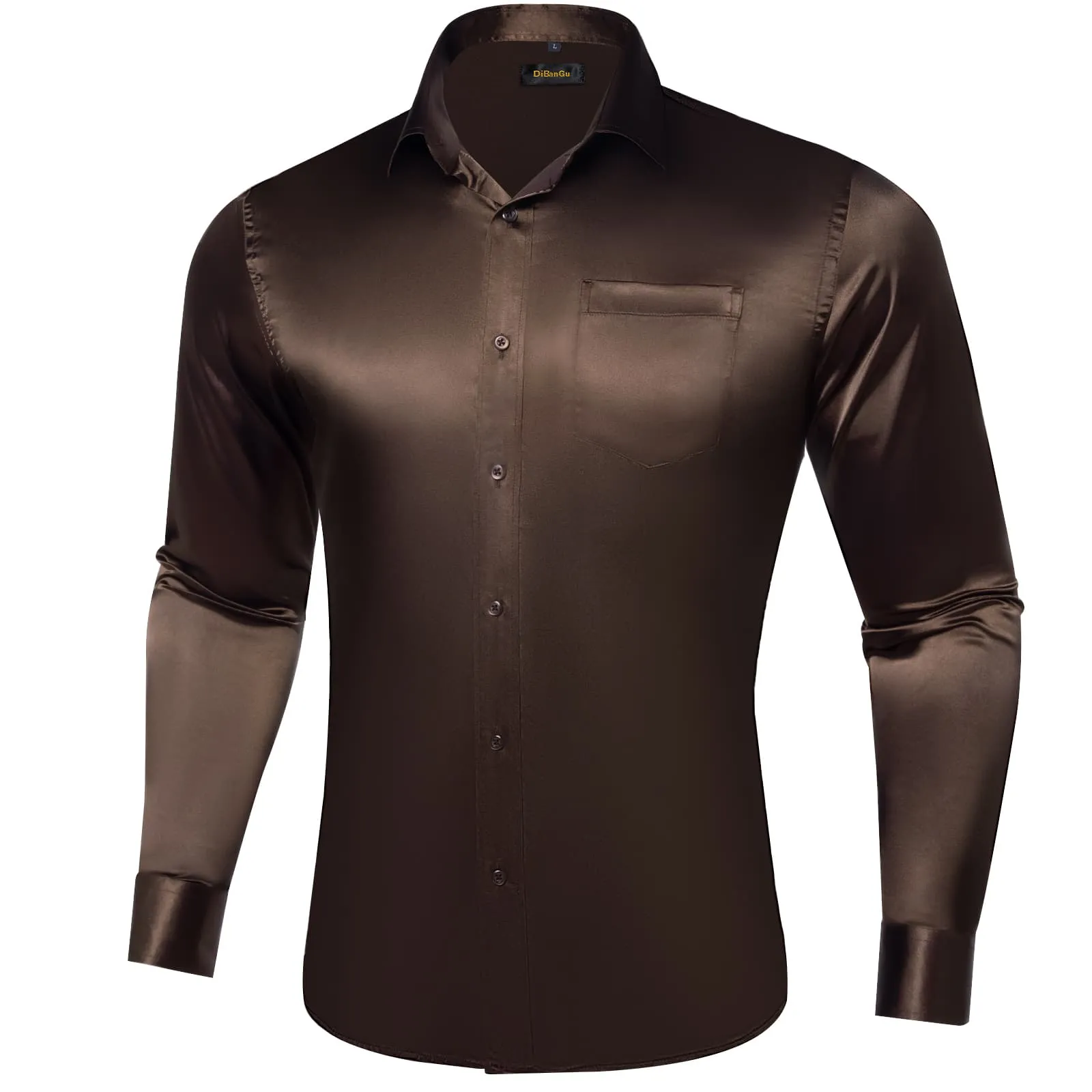 DiBanGu Long Sleeve Shirt Pecan Brown Solid Satin Mens Dress Shirt