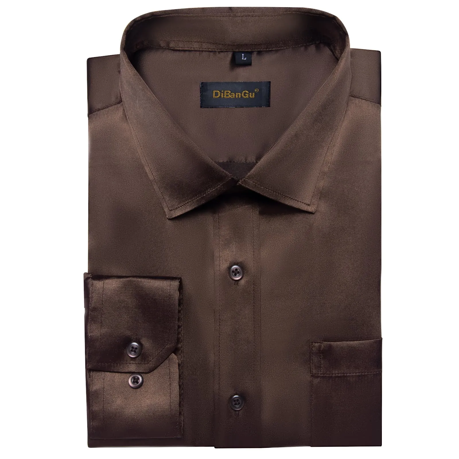 DiBanGu Long Sleeve Shirt Pecan Brown Solid Satin Mens Dress Shirt