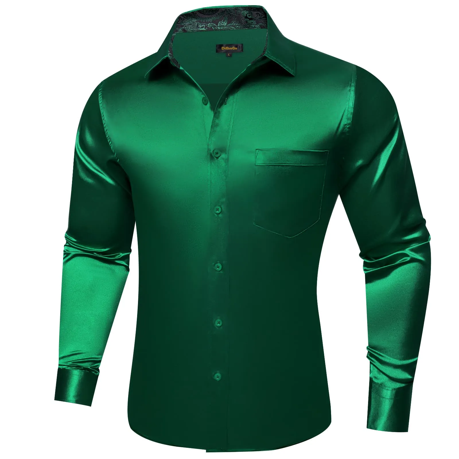 DiBanGu Tuxedo Shirt Deep Green Solid Satin Silk Button Up Long Sleeve Men's Dress Shirt