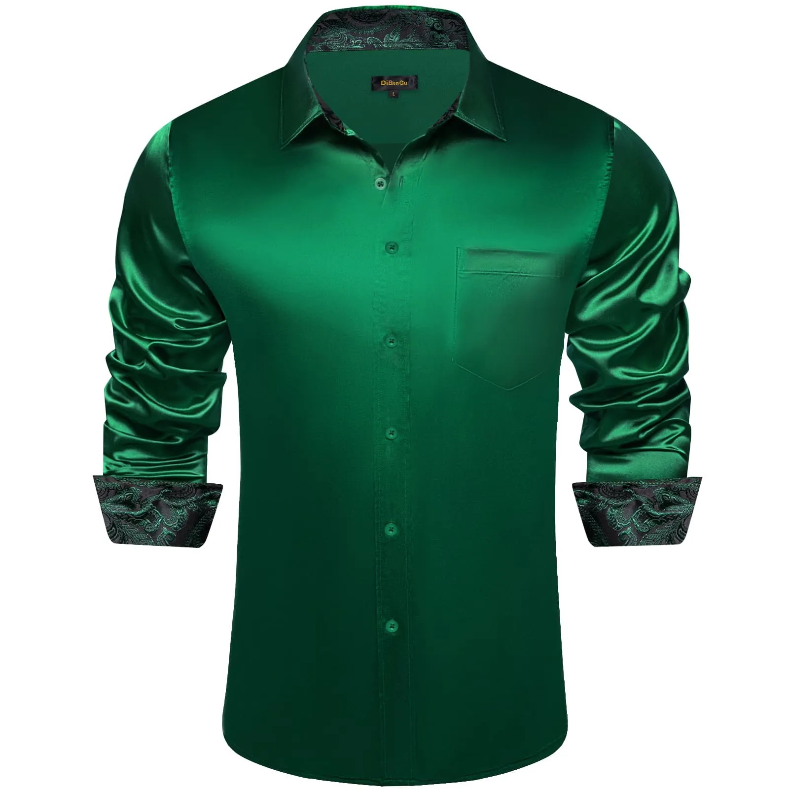 DiBanGu Tuxedo Shirt Deep Green Solid Satin Silk Button Up Long Sleeve Men's Dress Shirt